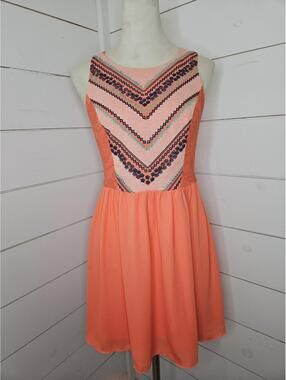 My Michelle size 7 coral with multicolor embroidery mini dress